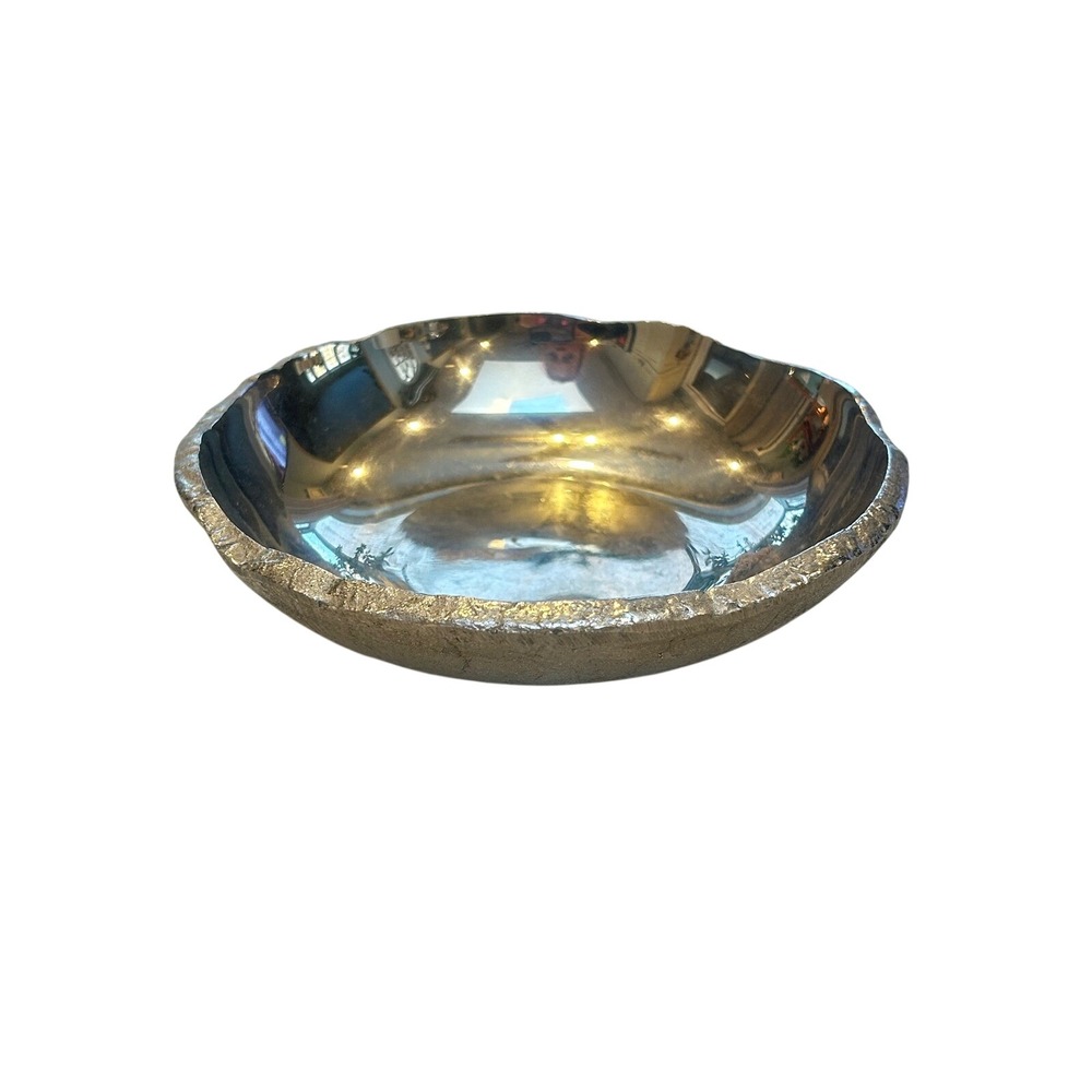 Modern Silver Metal Decorative Bowl Textured Raw Edge Polished Interior 6 Inch